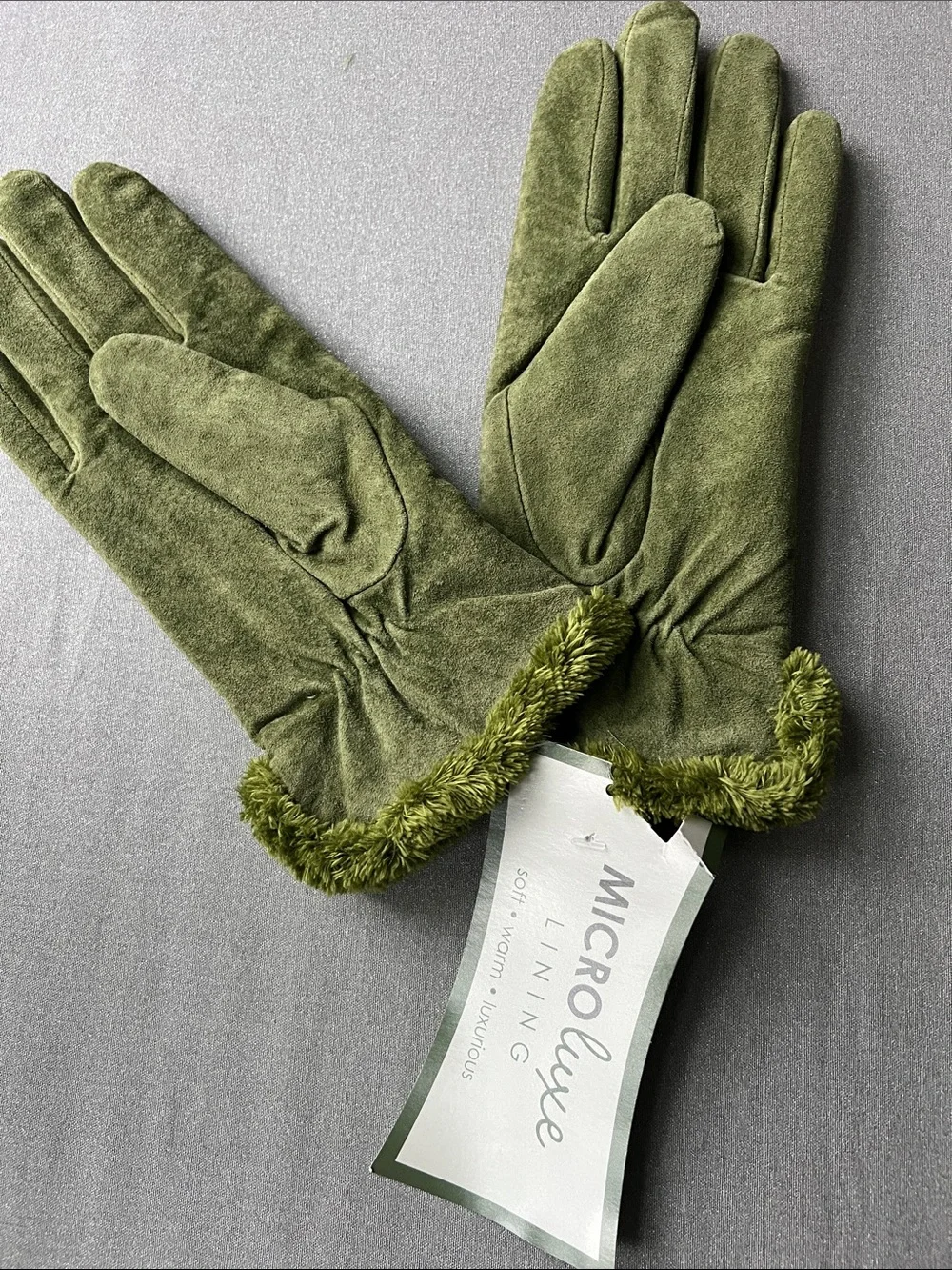 isotoner | Olive Green Suede Gloves with Plush Fringe Cuff #883J4 NWT Size M
